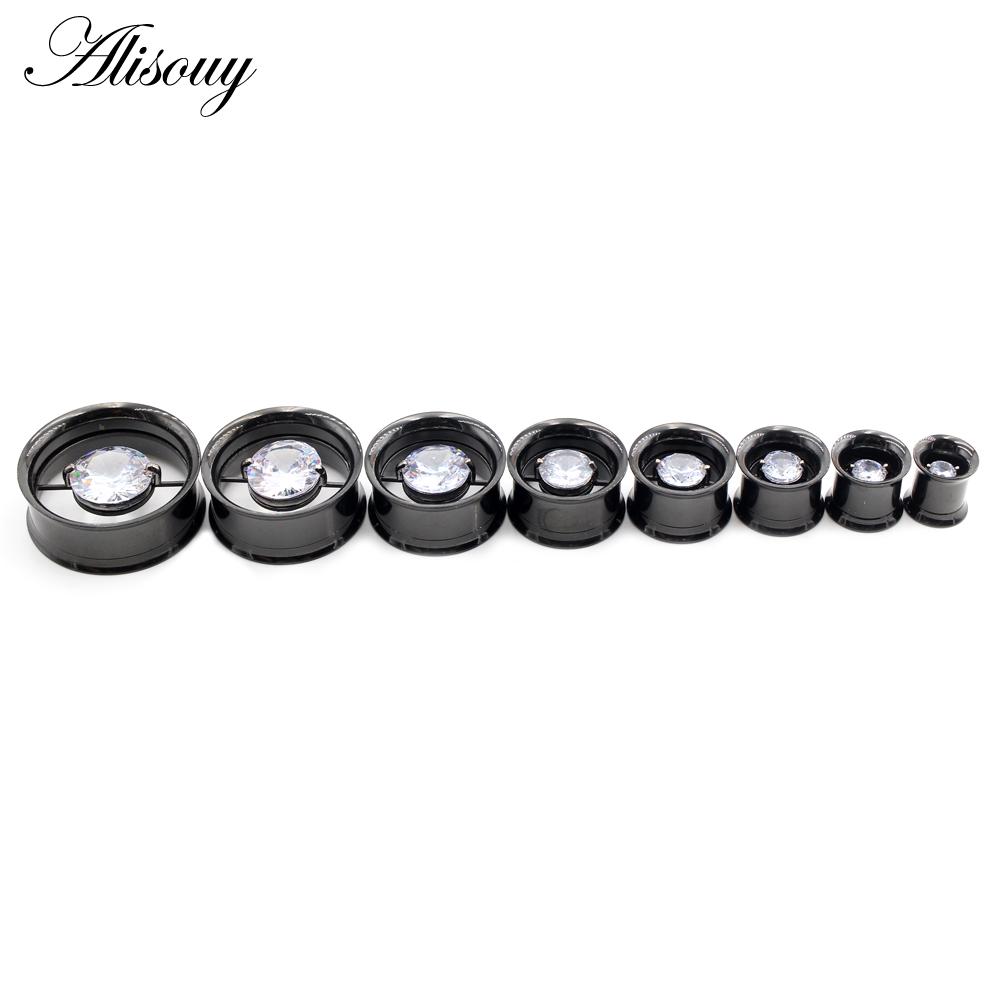 Alisouy 2PCS Stainless Steel Round Heart Zircon Ear Flesh Tunnels Plugs Expander Stretcher Double Flared Gauges Piercing Jewelry