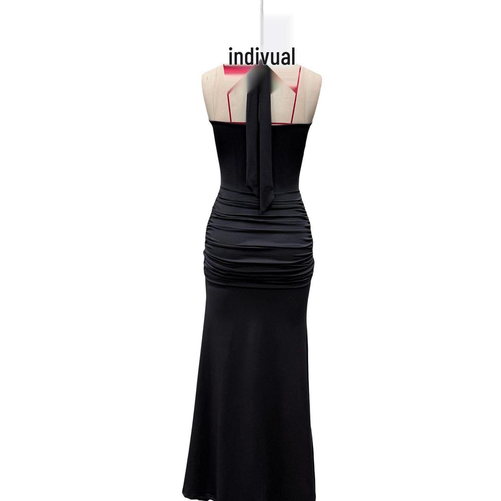 2026 European & American Women's Sleeveless U-Neck Slim-Fit Evening Gown with Waist-Cinched Ribbon