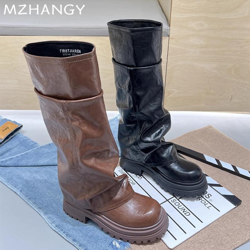 Fashion Women Platform High Boots Leather Knee High Flats Shoes Woman 2025 Trend Winter Fashion Dress Goth Retro Motorcycle Boots Mujer