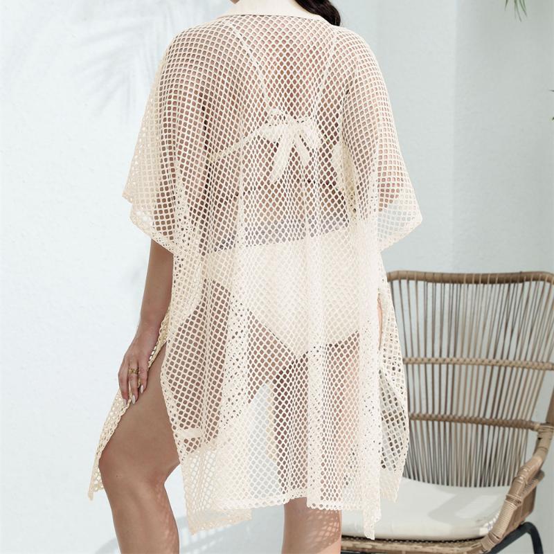 Aesthetic Casual Plus Size Mesh Patchwork Dress Women Fashion Design Loose Short Sleeve Dresses Female Summer Chic Hollow Out Lapel Clothing Lady