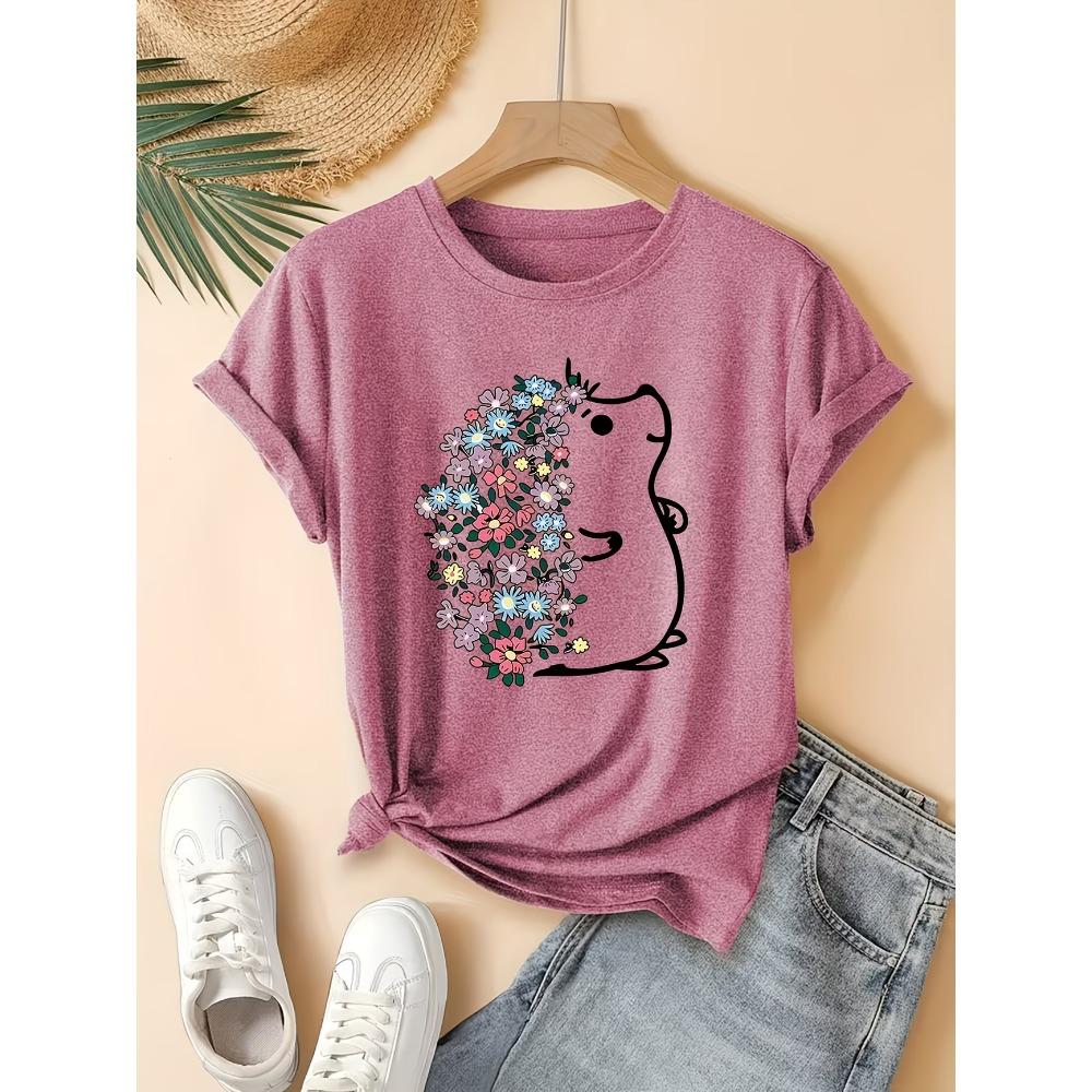 Summer Lady Clothes Crew Neck Short Sleeve Cartoon Hedgehog Graphic T Shirt Women's Outfits Casual Streetwear Soft Tees