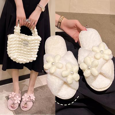 Mode Winter Dames Warme en Pluizige Huis Bloemen Parel Versierde Bontachtige Katoenen Pantoffels