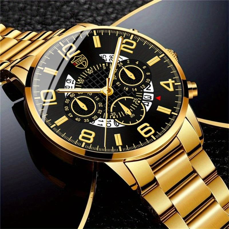 3-teiliges Set Luxus Business Herren Goldene Armbanduhr Edelstahl Datumszeiger Quarz Armbanduhr für Herren & Armband Halskette