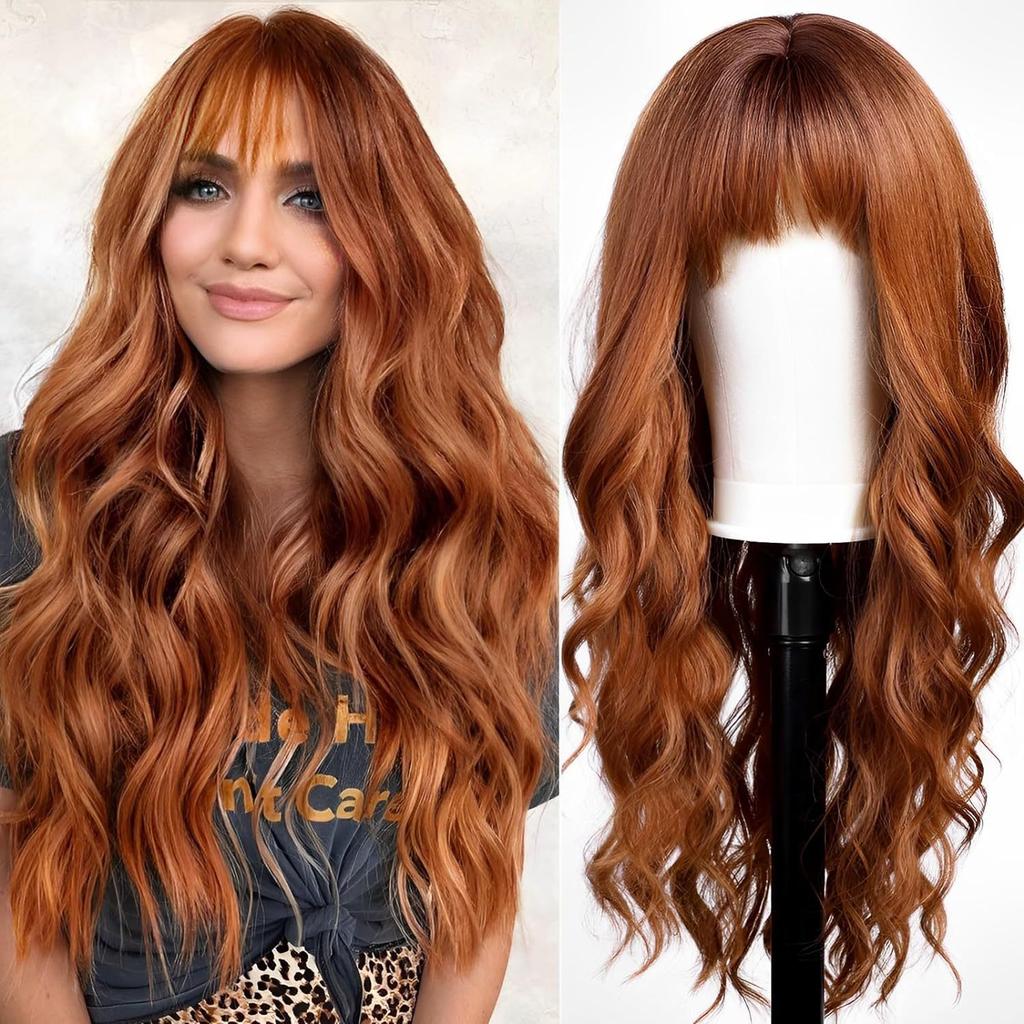 Cross-Border Water Wave Wigs European American Women's Fashionable Synthetic Hair Wig Brown Gradient Color Bangs Long Curly Hair