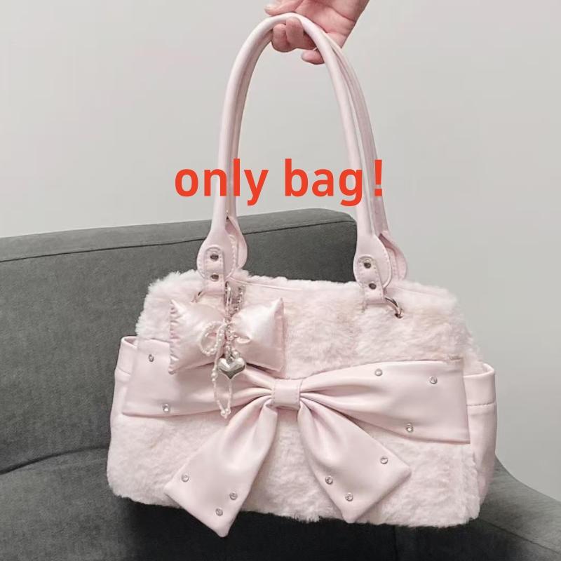 Borsa a Mano Rosa con Fiocco Carino Design Creativo con Borchie Borsa a Spalla in Peluche Borsa Tote Quadrata Orizzontale Borsa a Tracolla per il Pendolarismo Invernale