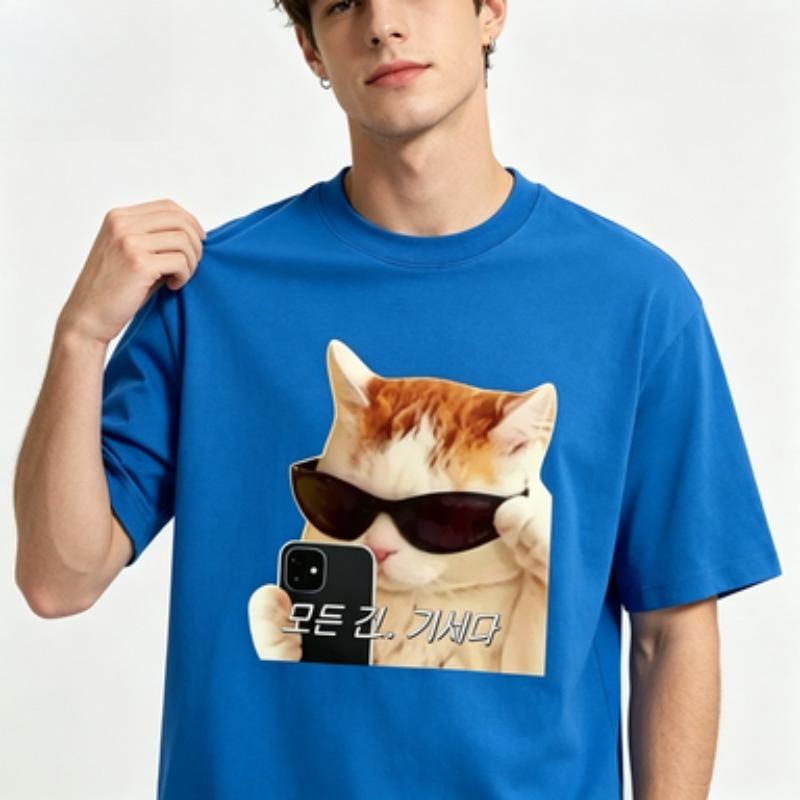 Summer Unisex Cotton Tee Funny Sunglasses Cat Graphic Round Neck Loose Harajuku Daily Casual Unisexs T Shirt