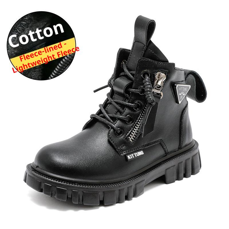 Boys' Fleece Cotton Boots Children's Non-slip British Style Cowhide Ankle Boots