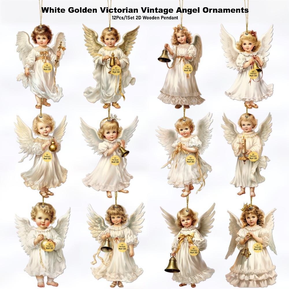 

12/24/36pcs Christmas Vintage Wooden White Angel Pendant Merry Christmas New Year Pendant Gift Christmas Tree Decor Supplies 12pcs