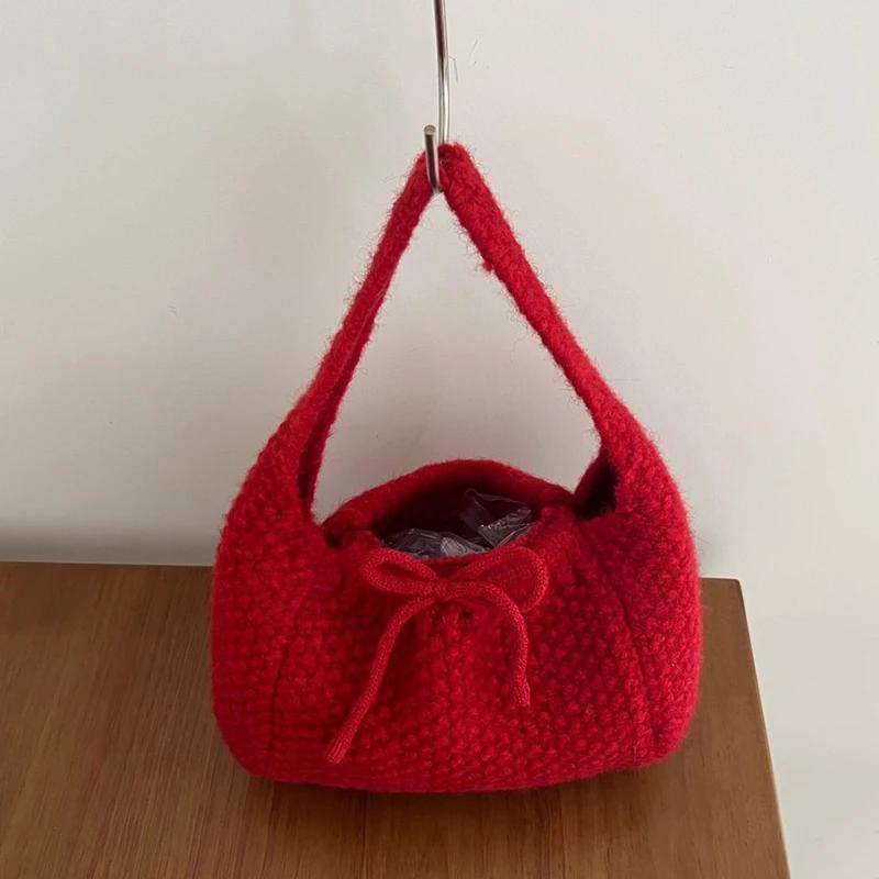 

Knitted Tote Bag For Women Soft Shoulder Bag Daily Commuter Versatile All Match Handbag Double Sided Bow Underarm Purse