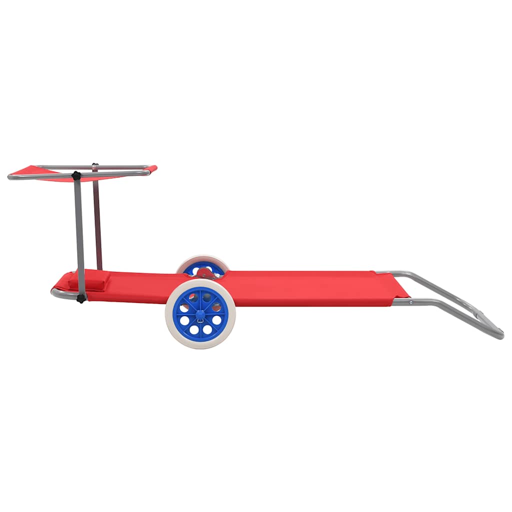Foldable Sun Lounger with Sunshade and Wheels Steel Red