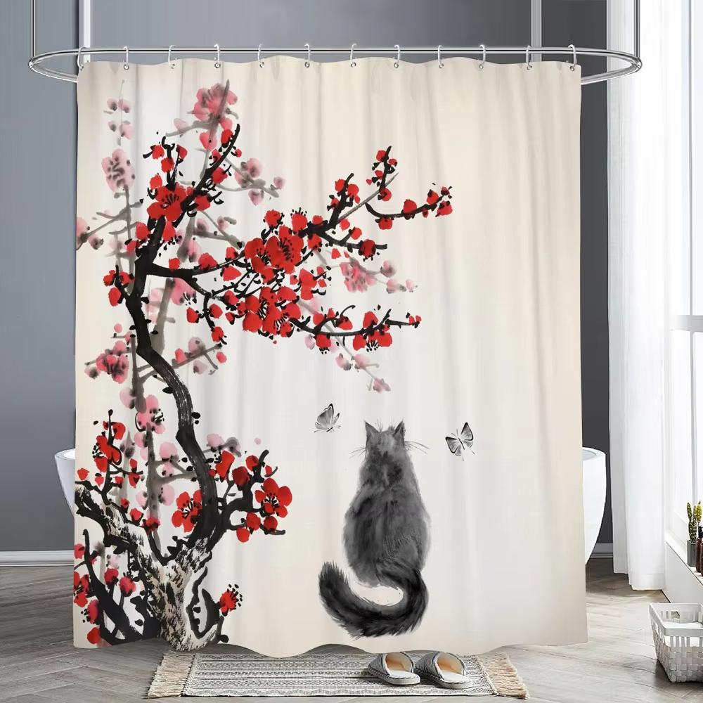 Asian Shower Curtain Traditional Chinese Pine Trees And Crane Flying Landscape Art Fabric Bathroom Decor Bath Curtains Set Hooks