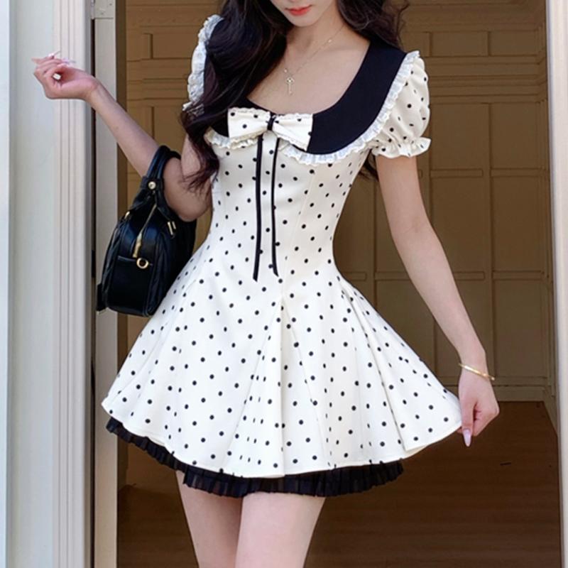 VONDA Summer Women Lapel Neck Short Sleeve Lace Hem Bow Knot Polka Dots Ruffled Mini Dress
