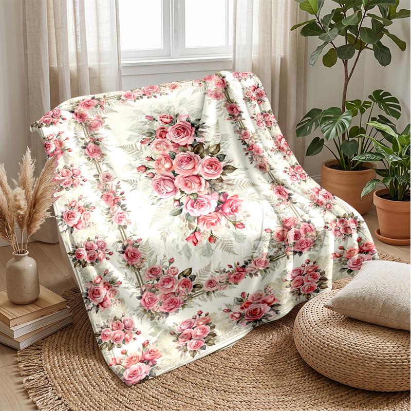 Pink Rose Floral Pattern Theme Blanket Lightweight Warm Flannel Blanket Decorative Throw Blanket for Home Decoration