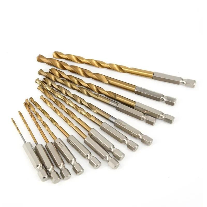 A34R Twist Drill Bits Set,13Pcs 1.5-6.5Mm High Speed Steel Titanium Coating, Hexagonal Handles For Wood Metal Plastic