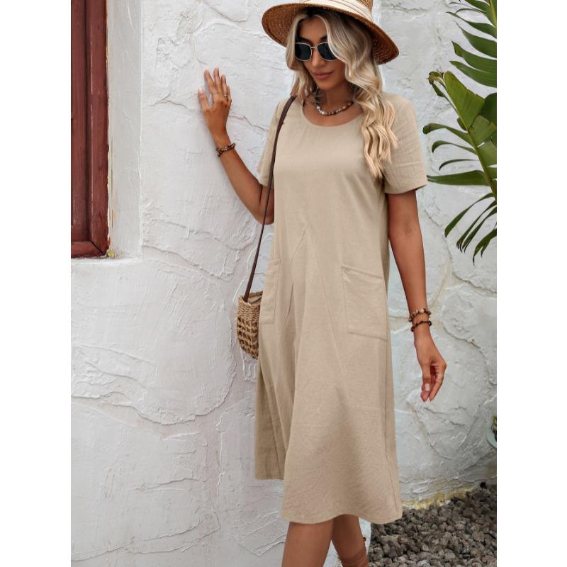 Fashion Loose Round Neck Short Sleeve Dress Pockets Solid Color Casual A-line Summer Dress Party Sweet Casual Simple Clothing