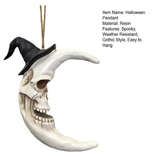 Skull Crescent Pendant Halloween Moon Hanging Decoration Gothic Resin Moon Pendant Wearing Wizard Hat for Wall Door Porch Decoration