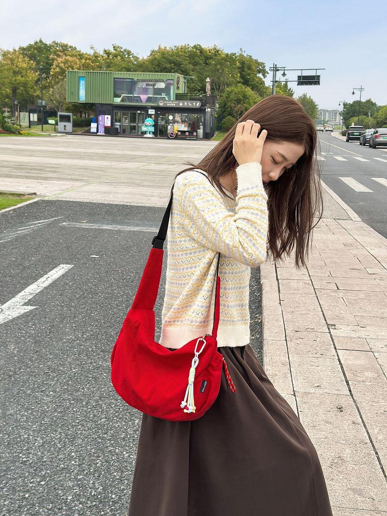 Korean Style Large Capacity Corduroy Shoulder Crossbody Bag - Simple & Fashionable Underarm Design