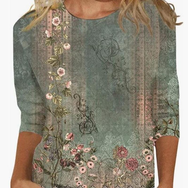 Fashionable Women's Flower Print Short Sleeves Simple Top Soft Top T-Shirts Women’s