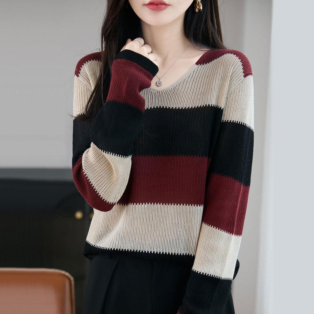 Women's Autumn V-Neck Color Block Striped Sweater - Soft, Loose, and Versatile