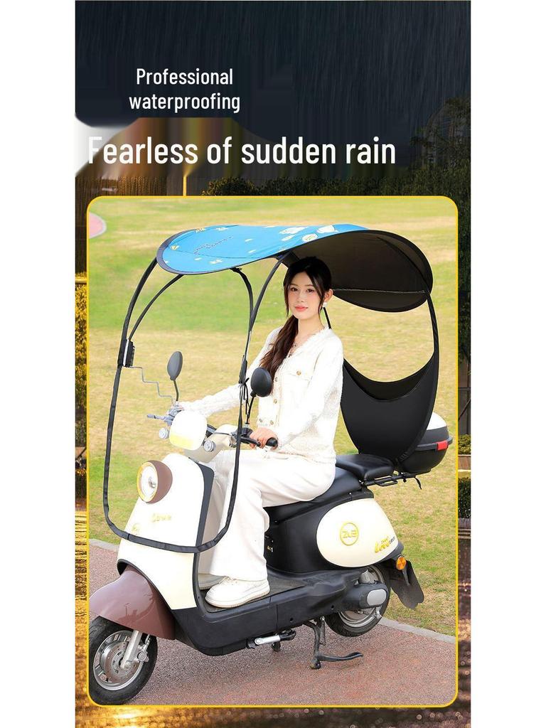 Detachable Electric Car & Motorcycle Umbrella: Rainproof & Windproof Sunshade Canopy with Quick Release, Cartoon Design