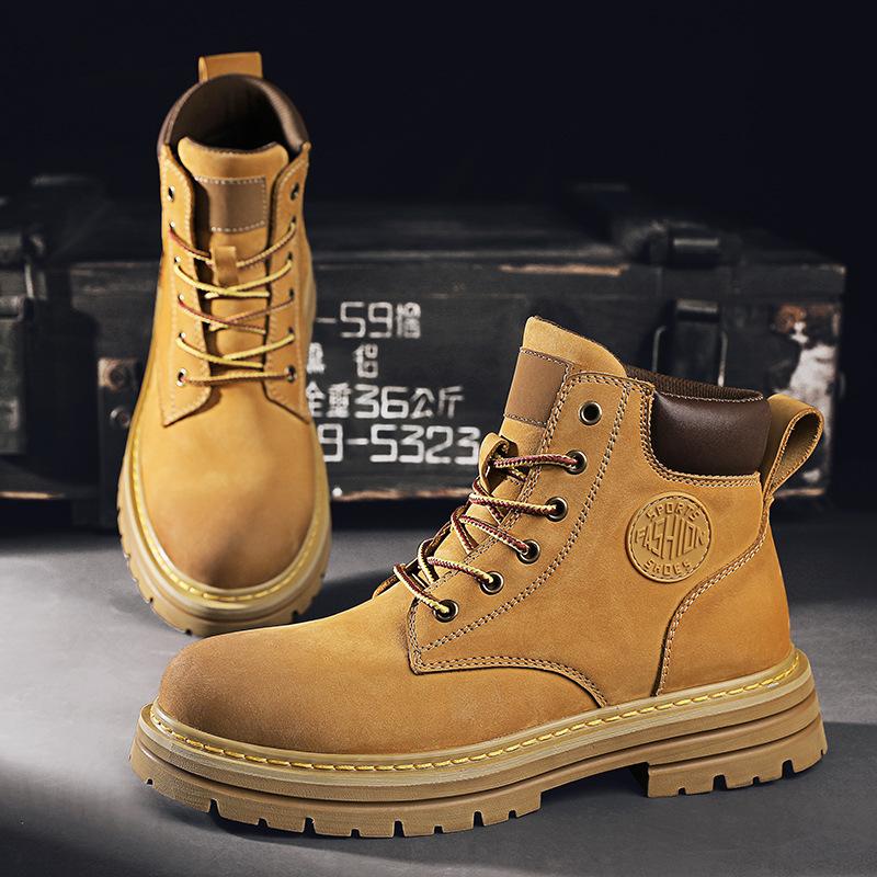 Leather Thick-soled Heightening Martin Boots Women's Couple's Big Yellow Boots Men's Locomotive Shoes High-top Outdoor Tooling Short Boots