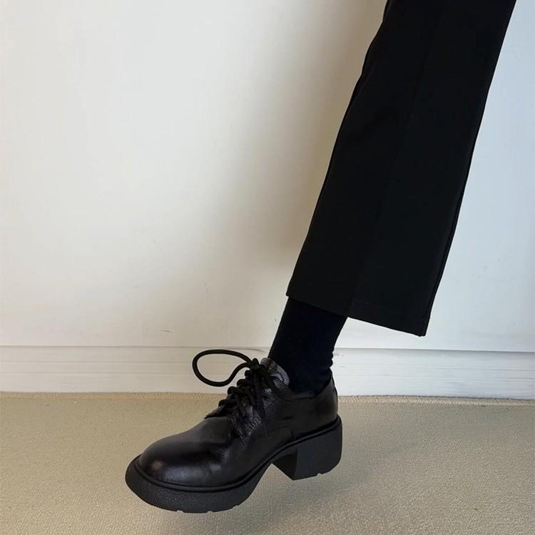 Cowhide Version~ British Style Lace-up Thick Heel Small Leather Shoes Women's Versatile Leather Silent Tire Sole Round Head Commuter Shoes