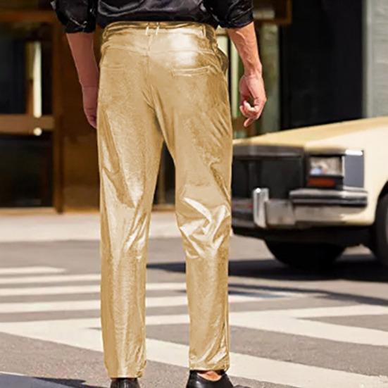 Men Pants Mid-rise Button Zipper Fly Shiny Casual Trousers