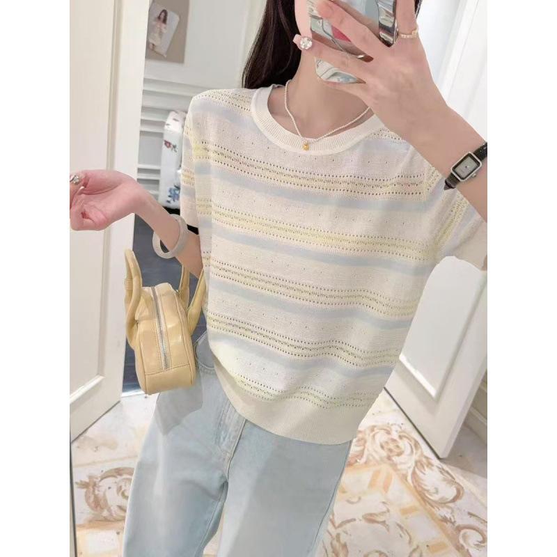 Summer new striped contrasting knitted short-sleeved thin T-shirt top slim-fitting bottoming shirt