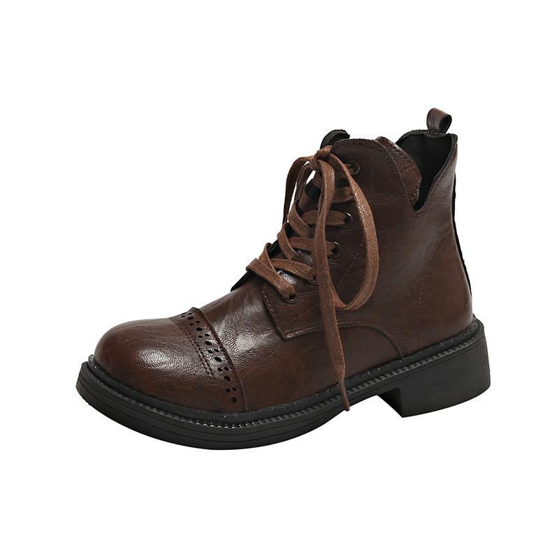 Brązowe modne buty typu Martin z grubą podeszwą w stylu retro na jesień, damskie niskie buty