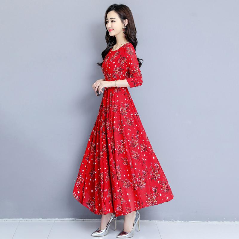 Rochie evazată florală elegantă Rochie de plajă cu mânecă lungă cu gât rotund Fustă A-Line imprimată