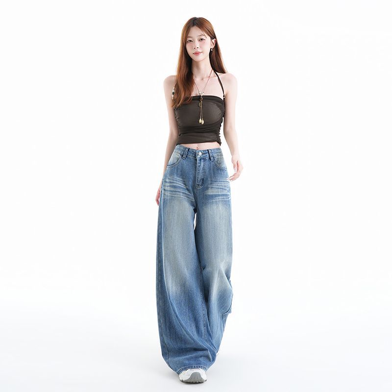 Spring Summer Crease Vintage Distressed High Waist Wide Leg Denim Pants For Ladies Casual Pants Oversize Denim Trousers