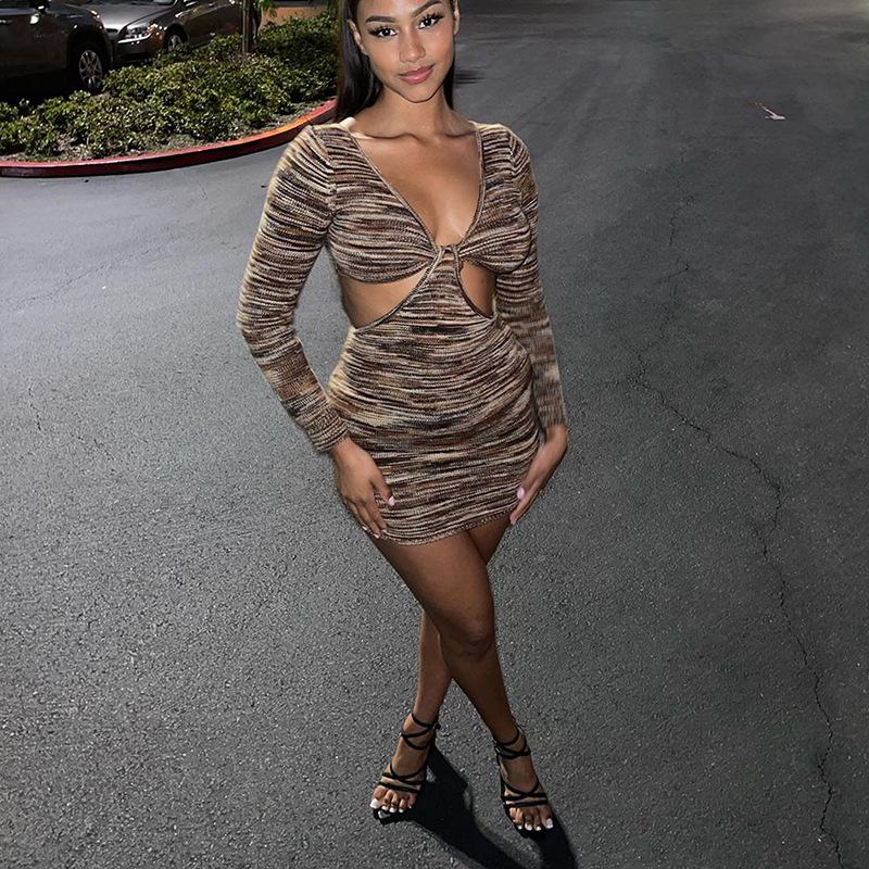 JH5906 European & American Women's Sexy V-Neck Hollow Ribbed Long-Sleeve Dress