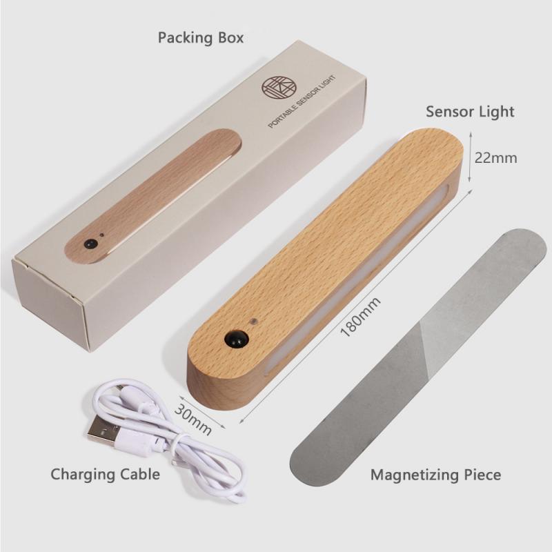 LED PIR Motion Sensor Night Light Bedroom Wooden Lamps Home Decor Magnetic Key Holder Cabinet Door Hanging Lamp USB Rechargeable