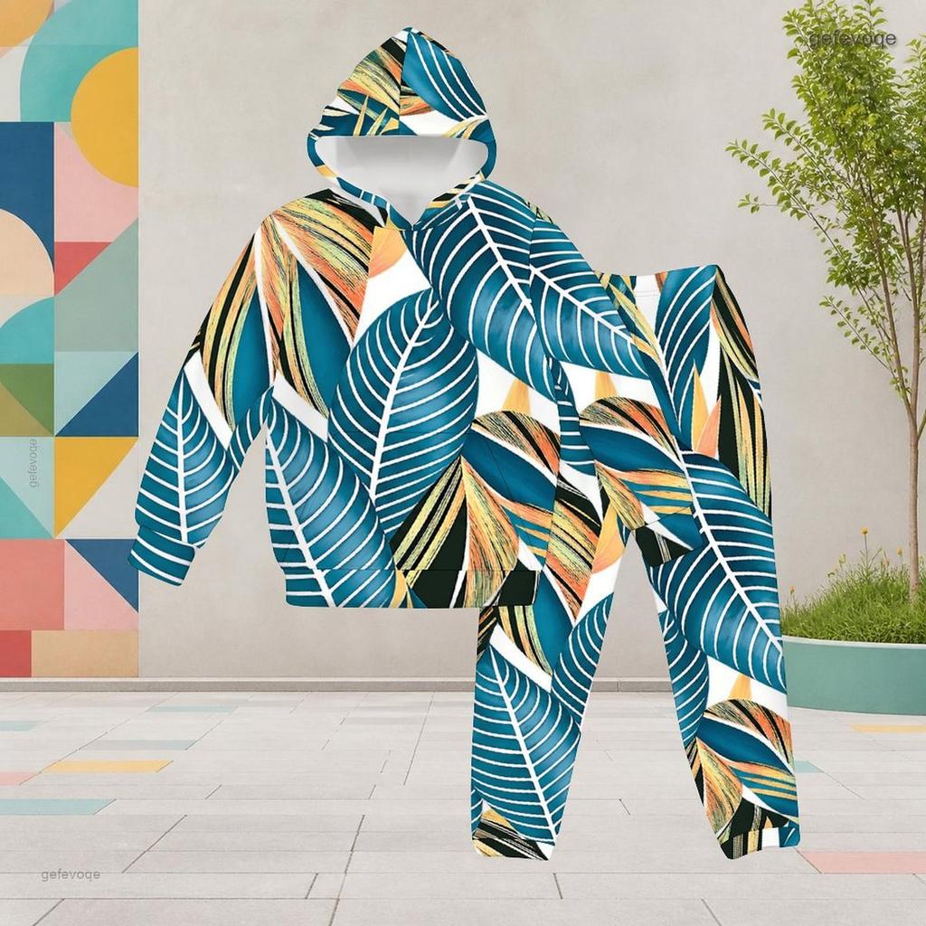Girls Leaf Printed Hooded Tracksuit Long Sleeve Kangaroo Pocket Cuffed Pants Two Piece Set