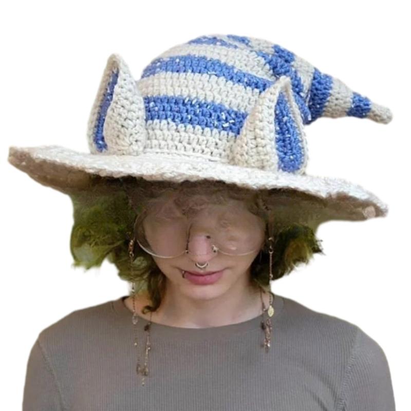 Striped Witch Hat with Rabbit Ears Unique Knit Cap for Halloween Dress Up Costume Cosplay Props Ornament