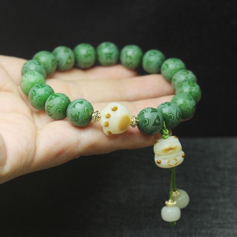 10mm Green Bodhi Root Bracelet, DIY Charcoal Cat & Six Syllable Mantra