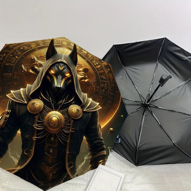 1PC Anubis Egyptian Umbrella-8-Rib Reinforced, Automatic Open, Lightweight & Durable, Cute Fashion Accessory for Outdoor, Beach or Casual Use, Beach U
