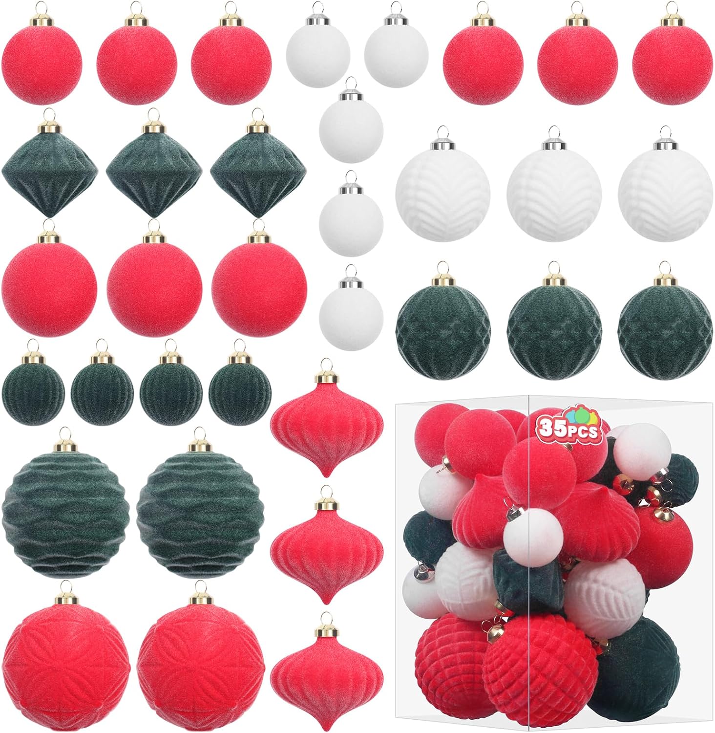 

Velvet Christmas Ornaments Set, 35PCS Flocked Shatterproof Assorted Hanging Xmas Tree Ball Decorations Home Party Holiday Decor