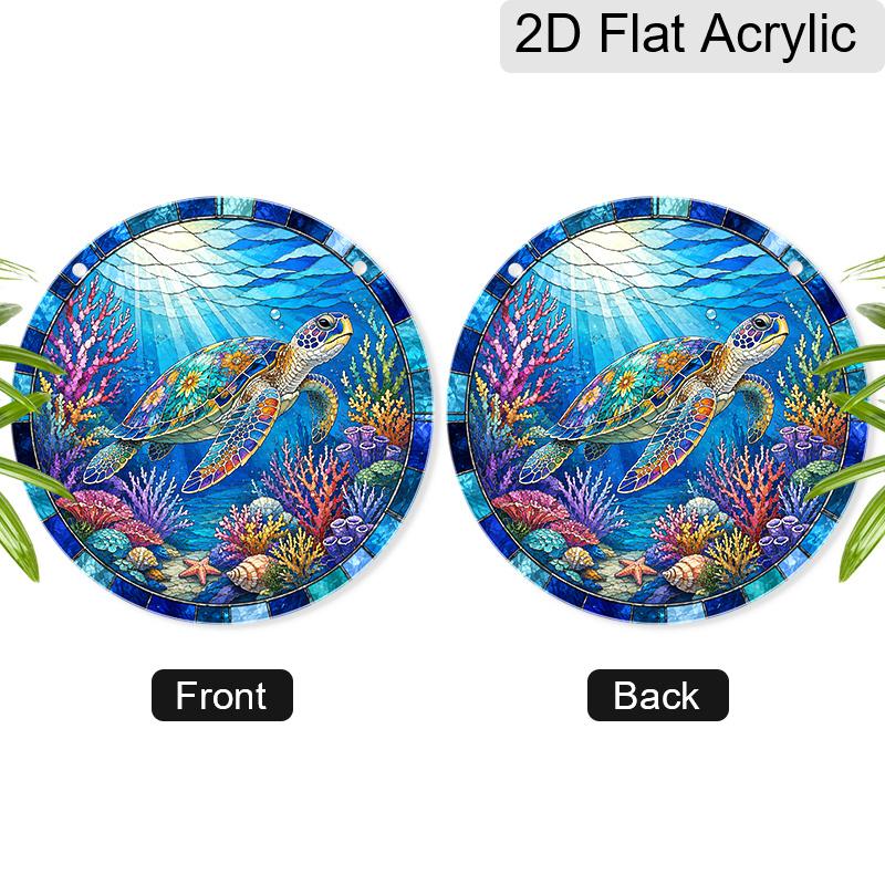 2D Flat Acrylic Blue Sea Turtle Suncatcher Decorative Hanging Ornament, 7.87/11.81inches Summer Underwater World Coral Turtle Design Window Hanging