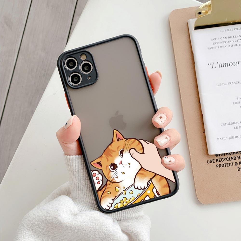 Animal Shockproof Matte Phone Case For Iphone 11 12 13 Pro Max Mini 7 Plus XR X S Cover Cute Pinched Face Eat Snacks Cat Cosplay