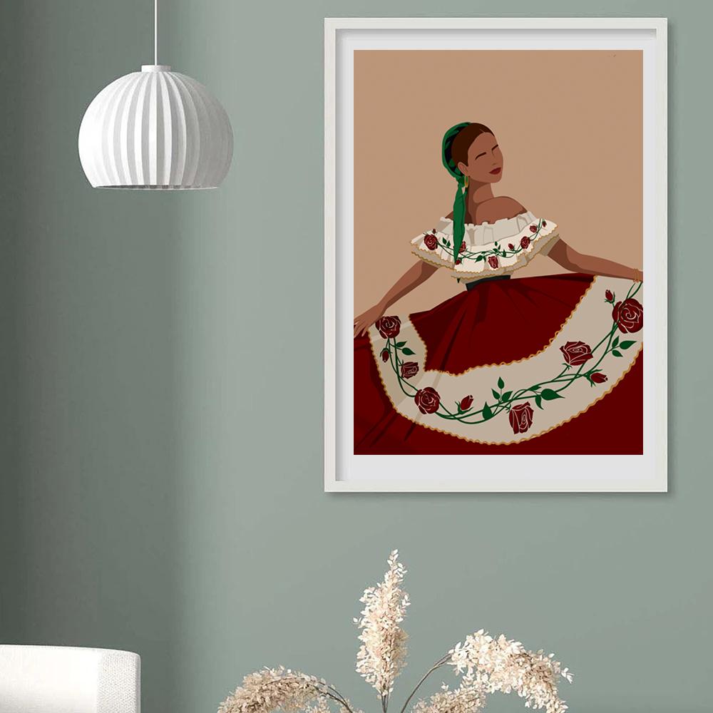 Abstraktní mexická lidová taneční hudba Etnická dívka Červená sukně Kreslený plakát Malba na plátně Retro nástěnné umění Obrázek Domácí barová dekorace