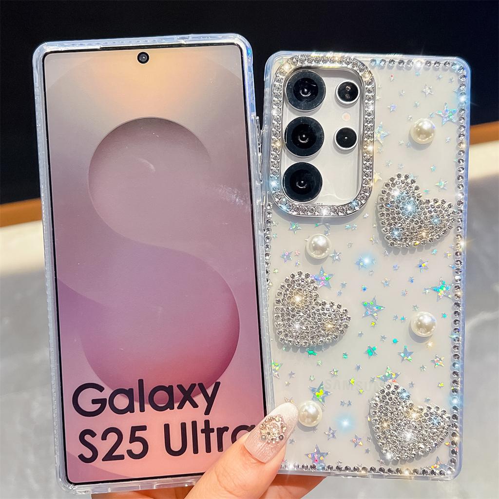 Handmade Sparkly Diamond Pearl Heart IMD Phone Case, Compatible with Samsung S23 Ultra/S24/S25 & A07/A15/A16/A17/A26/A35/A36/A55/A56