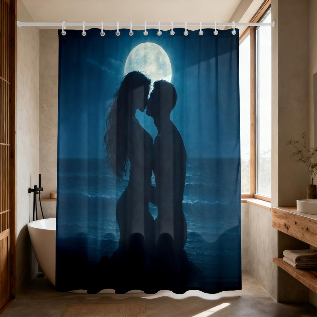 1Pc Night Beach Couple Printed Waterproof Shower Curtain Partition Privacy Hanging Curtain With 12 Hooks Multiple Sizes