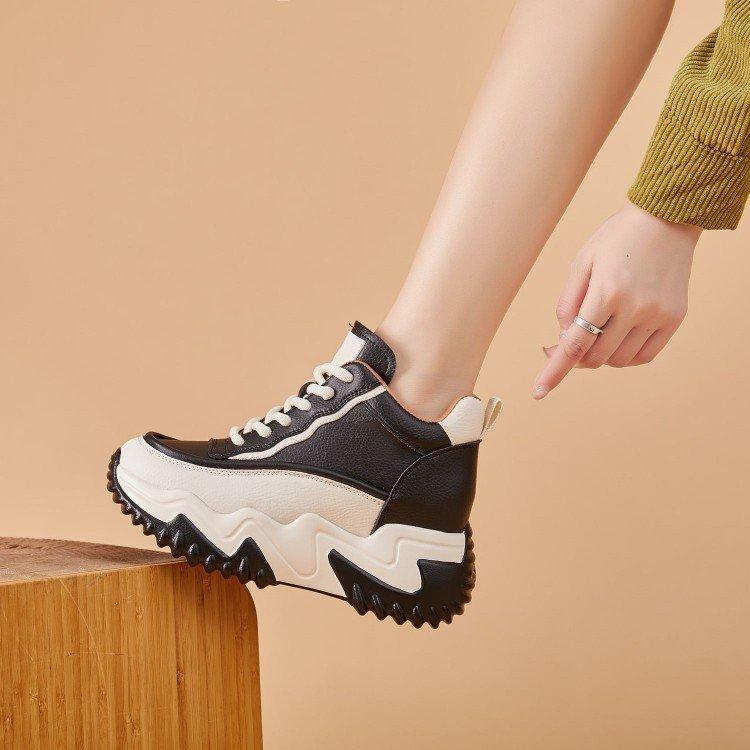 Thick-soled Heightening Women's Shoes Autumn and Winter New Small High-top Short Boots Women's Casual Leather Dad Shoes Women