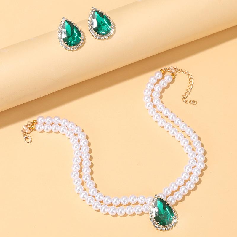 Pearl choker collarbone chain water drop bride multi-layer imitation pearl rhinestone necklace stud earrings set for women