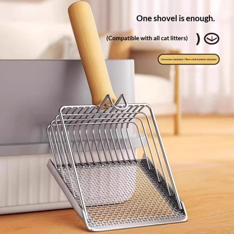 Metal Cat Litter Shovel with Comfortable Wood Handle Built-in Hook Portable Kitty Litter Sifter for Daily Cat Care
