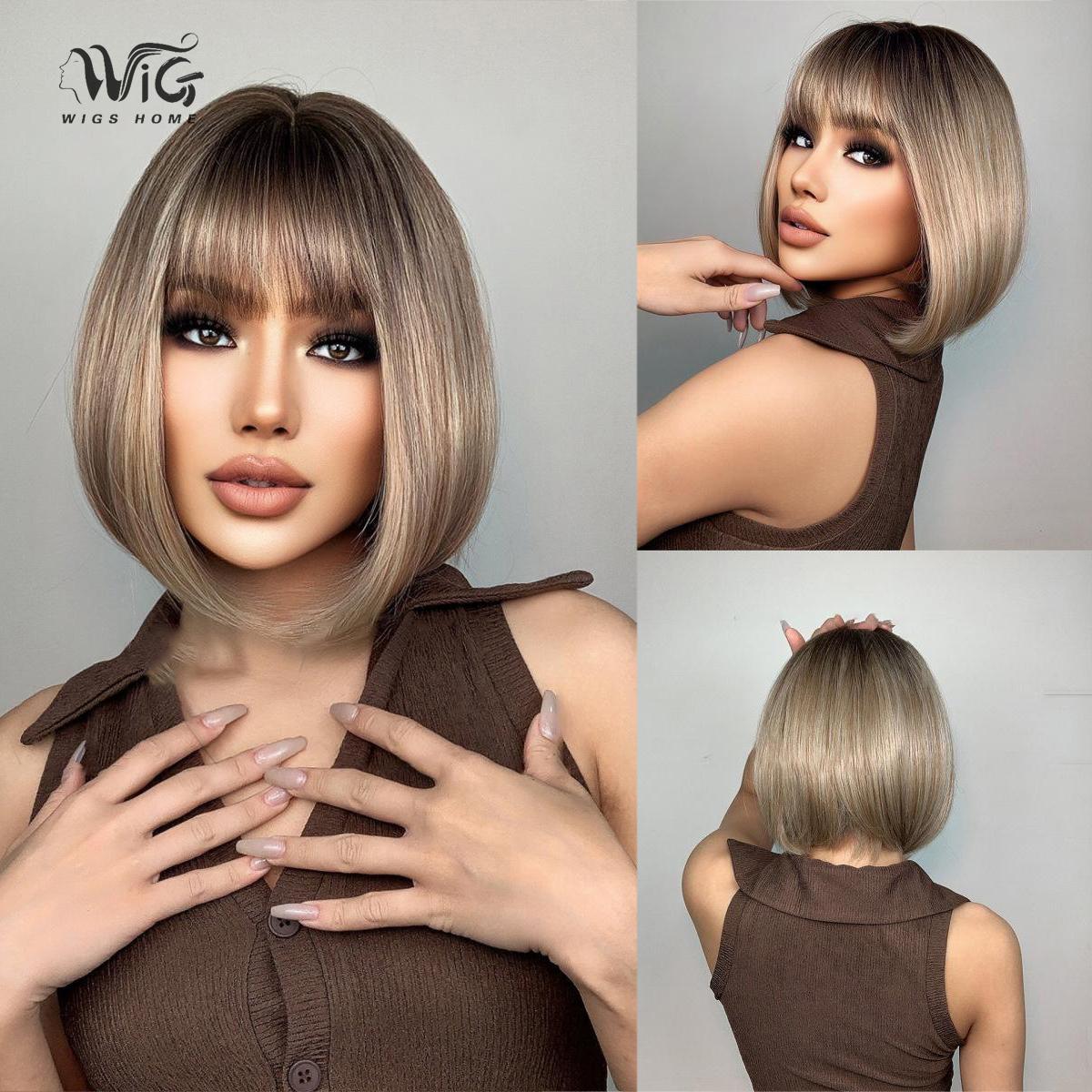 

Женский искусственный парик, 32 см, коричневый парик, короткий прямой парик, полное покрытие головы, розовая сетка для волос, головные уборы, украшение для красоты, парик