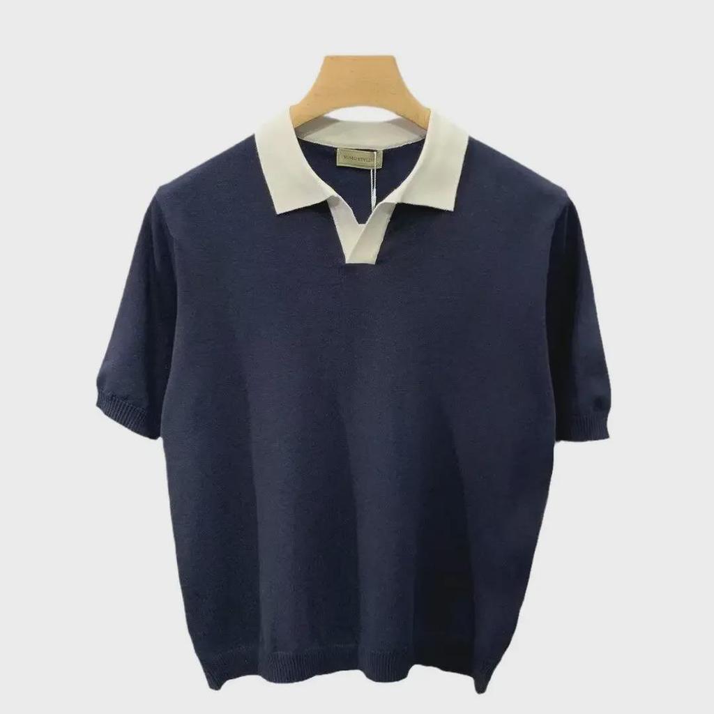 Men's Korean Style Loose Knit Polo Shirt, Short-Sleeved, Summer Contrast Lapel Design