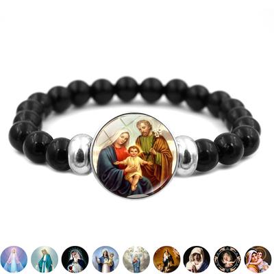 Christian Jesus Czarne koraliki Bransoletka ze sznurka Elastyczna biżuteria Dziewica Maryja Szklane zatrzaskowe bransoletki dla kobiet mężczyzn Prezenty katolickie