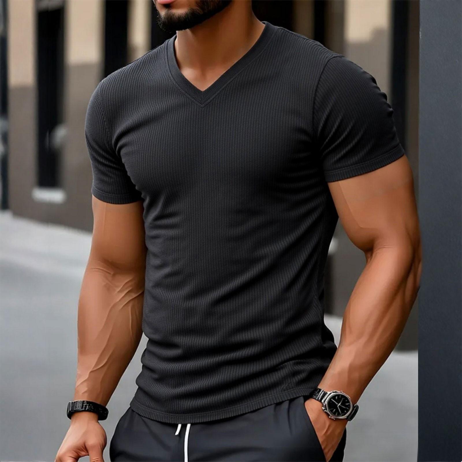 

Мужская дышащая повседневная однотонная футболка с текстурой, облегающая мышцы, для атлетических тренировок L чёрный